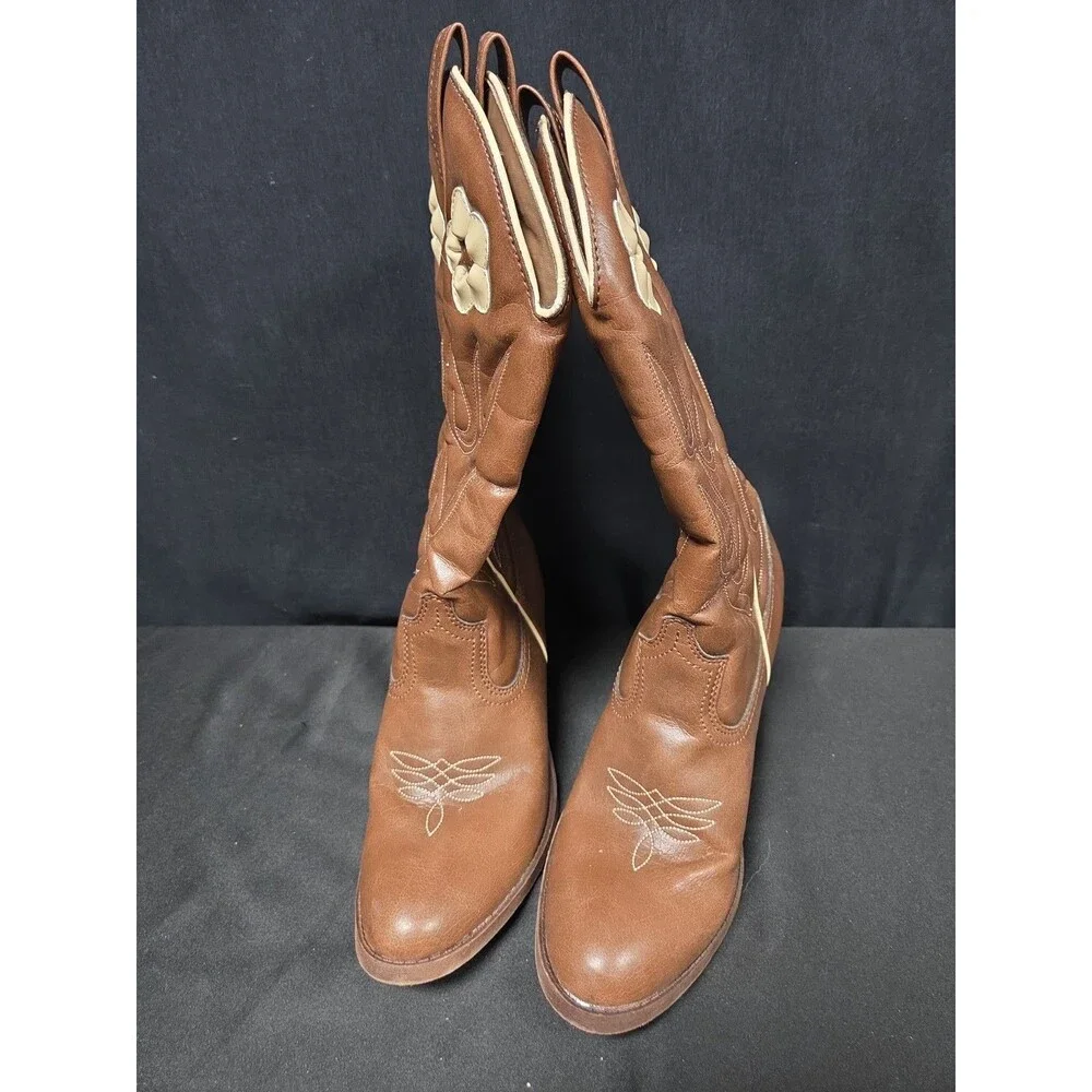 Candies Bannera Brown Cowboy Western Boots Beige Flower Size 8.5